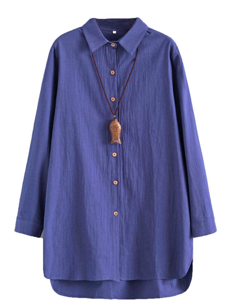 Minibee Women's Cotton Shirts Tunics Hi Low Tops Boyfriend Button Down Blouse Navy XL - Image 1